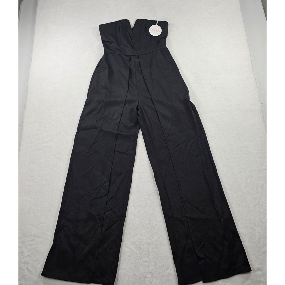 Luxxel Black Strapless V-Neck Wide Leg Slit Jumpsuit LJP3323 Medium NWT